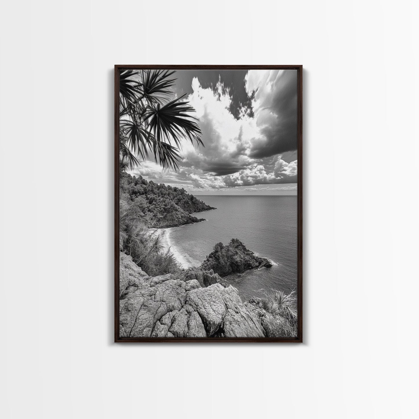 Island View Cliffs, Tropical Shoreline, Black and White Seascape, Framed Canvas Print, Bathroom Art, Travel Decor, Coastal Vibe