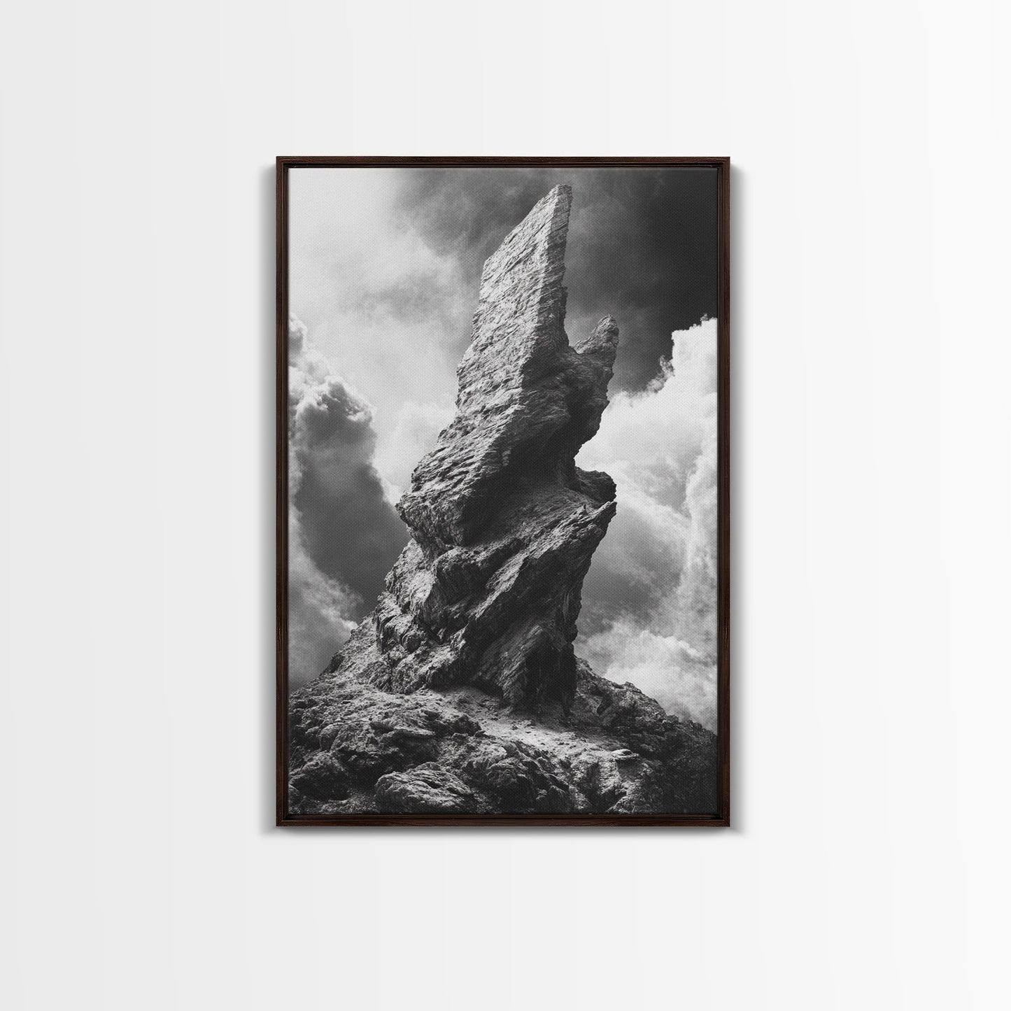 Abstract Rock Tower, Nature Photography, Stormy Sky, Canvas Print, Rustic Decor, Earthy Wall Art, Living Room Art, Moody Landscape Print