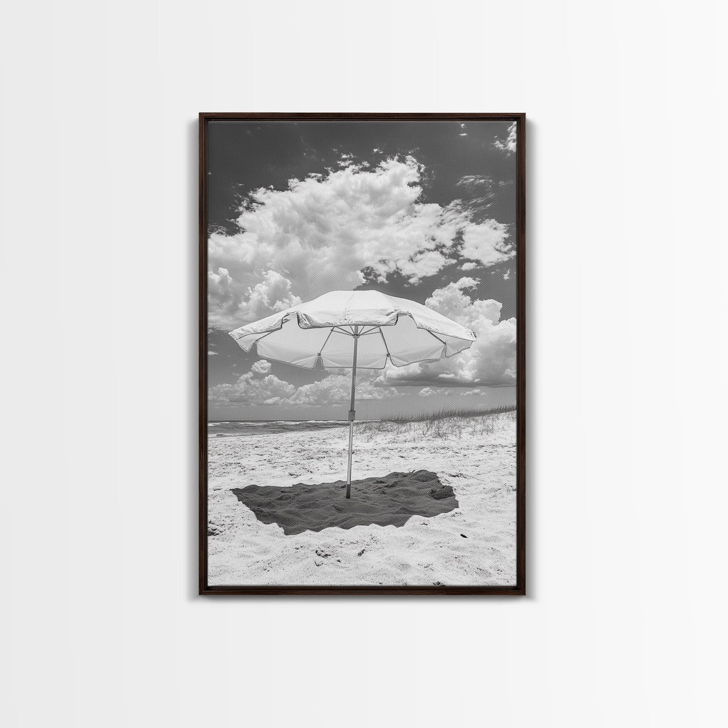 Beach Umbrella, Sunny Escape, Coastal Cloudscape, Framed Canvas Print, Summer Vibe Wall Art, Outdoor Living Decor, Travel Mood