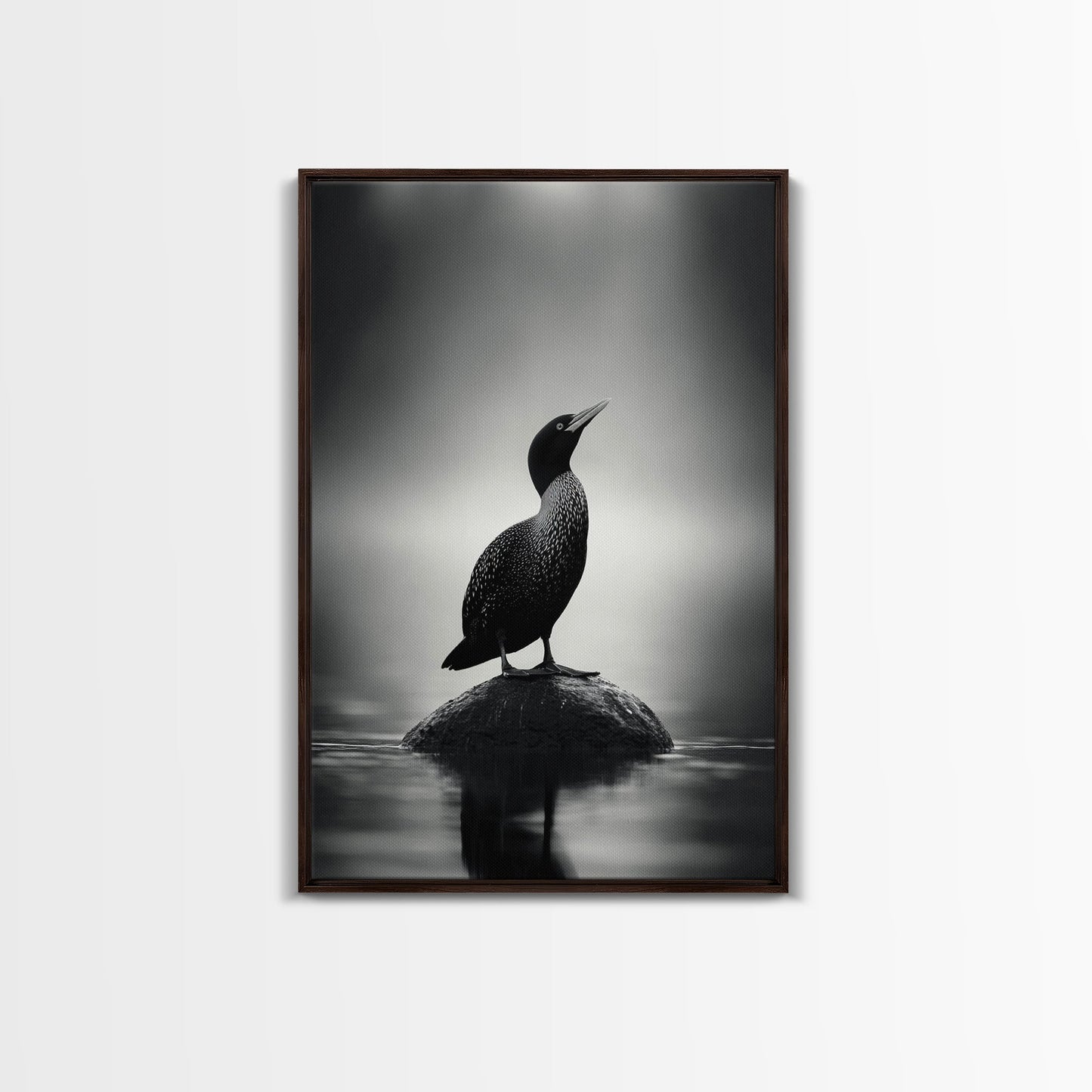 Loon on Rock, Morning Mist, Water Bird Focus, Canvas Print, Minimalist Animal Art, Office Decor, Tranquil Lake Scene Wall Art