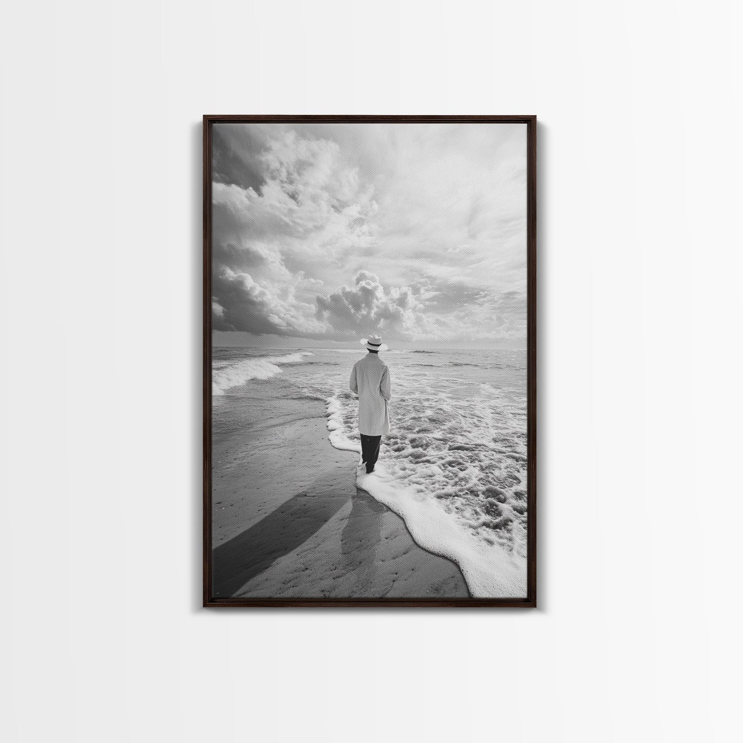 Man On Shore, Thoughtful Walk, Ocean Wanderer, Framed Canvas Print, Minimalist Fall Art, Bedroom Decor, Moody Coastal Scene