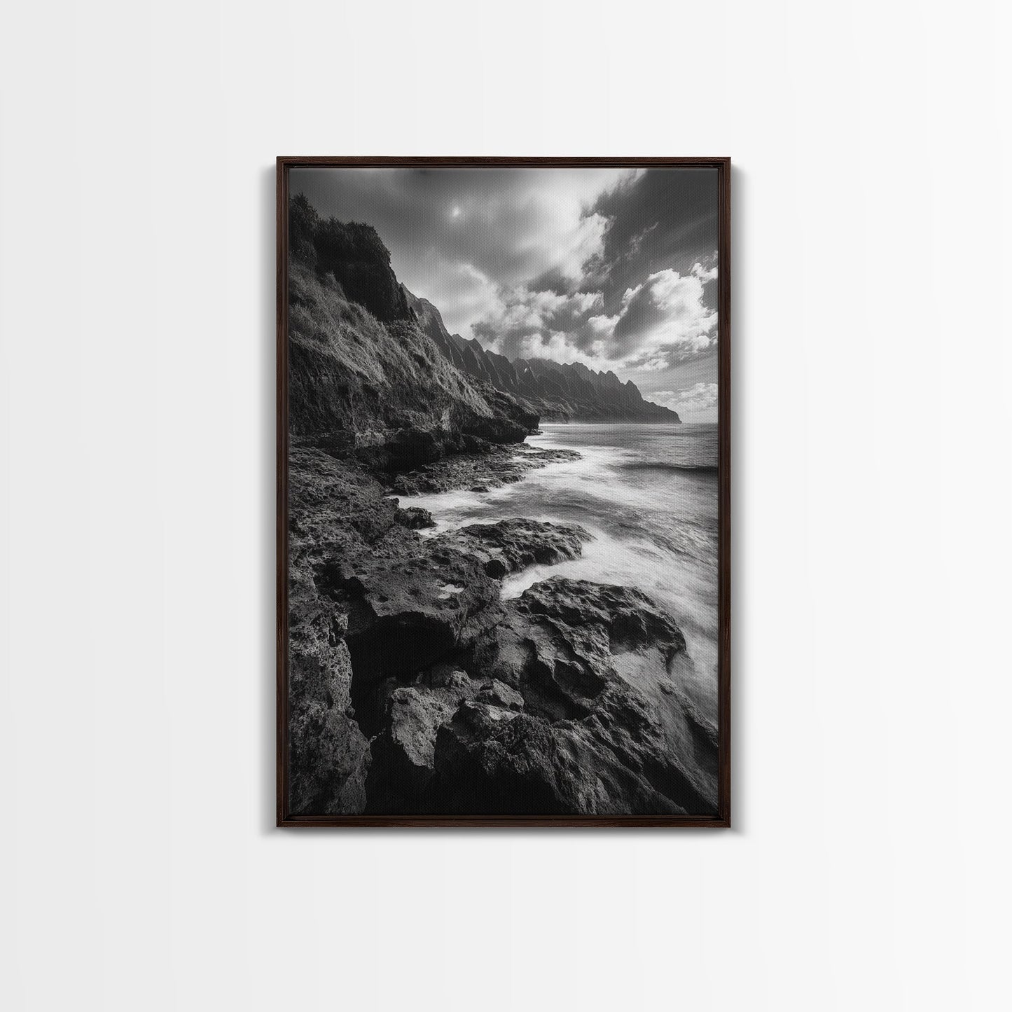 Coastal Cliffs, Ocean Horizon, Wild Waves, Framed Canvas Print, Bathroom Wall Art, Black and White Seascape, Coastal Decor, Moody Art