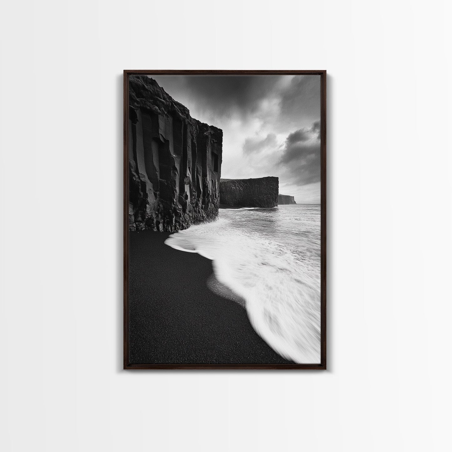 Ocean Cliffs, Black Sand, Moody Coast, Rugged Shoreline, Framed Canvas Print, Icelandic Wall Art, Adventure Decor, Modern Nature Art