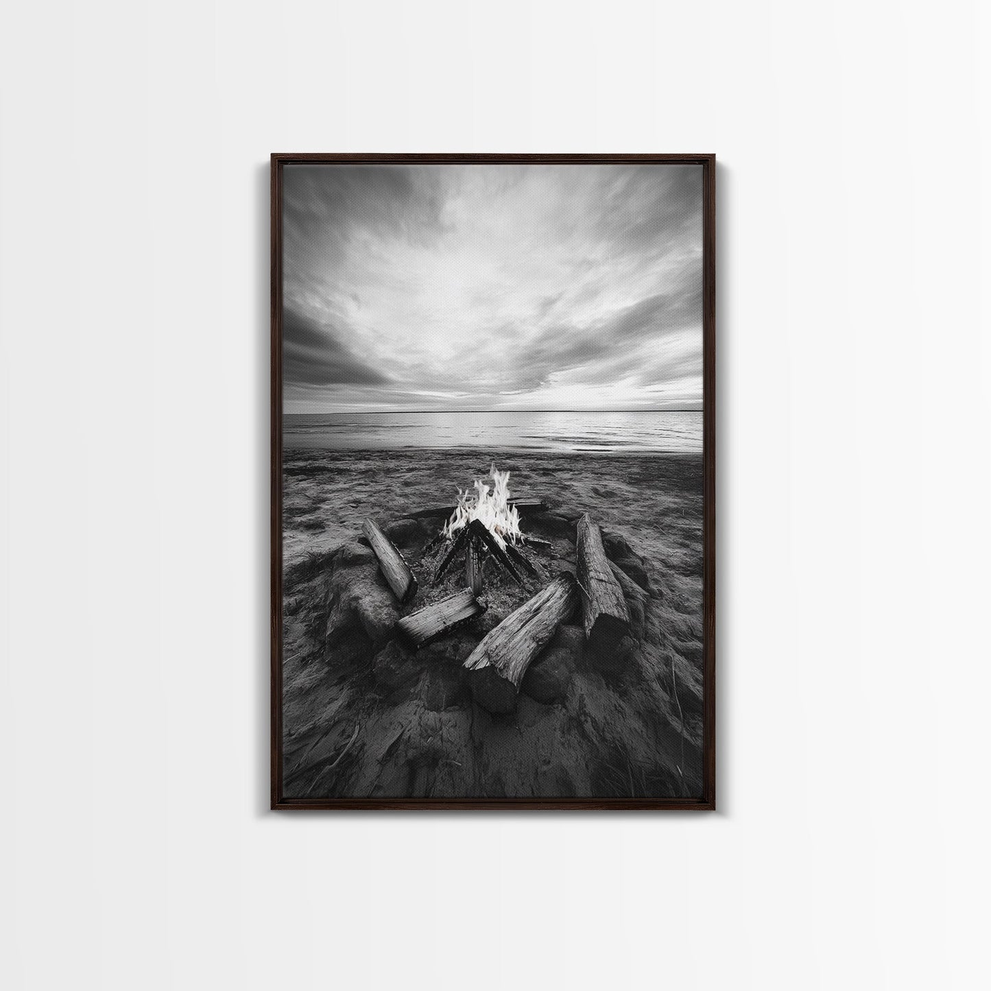 Coastal campfire glow, serene seaside bonfire, sunset flames, sandy warmth, Framed Canvas Print, Fall decor, cozy cabin wall art