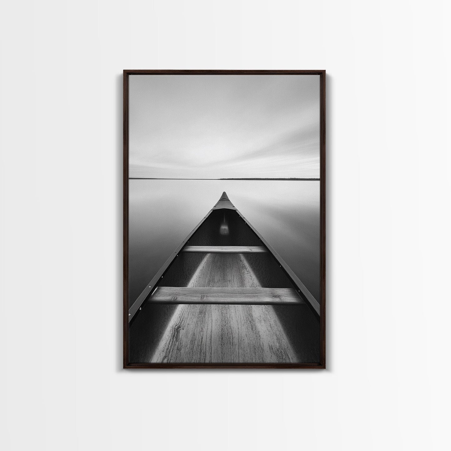 Canoe, Lake, Calm, Horizon - Minimalist lake paddle scene, Framed Canvas Print, peaceful home office art, Scandinavian decor, wilderness print