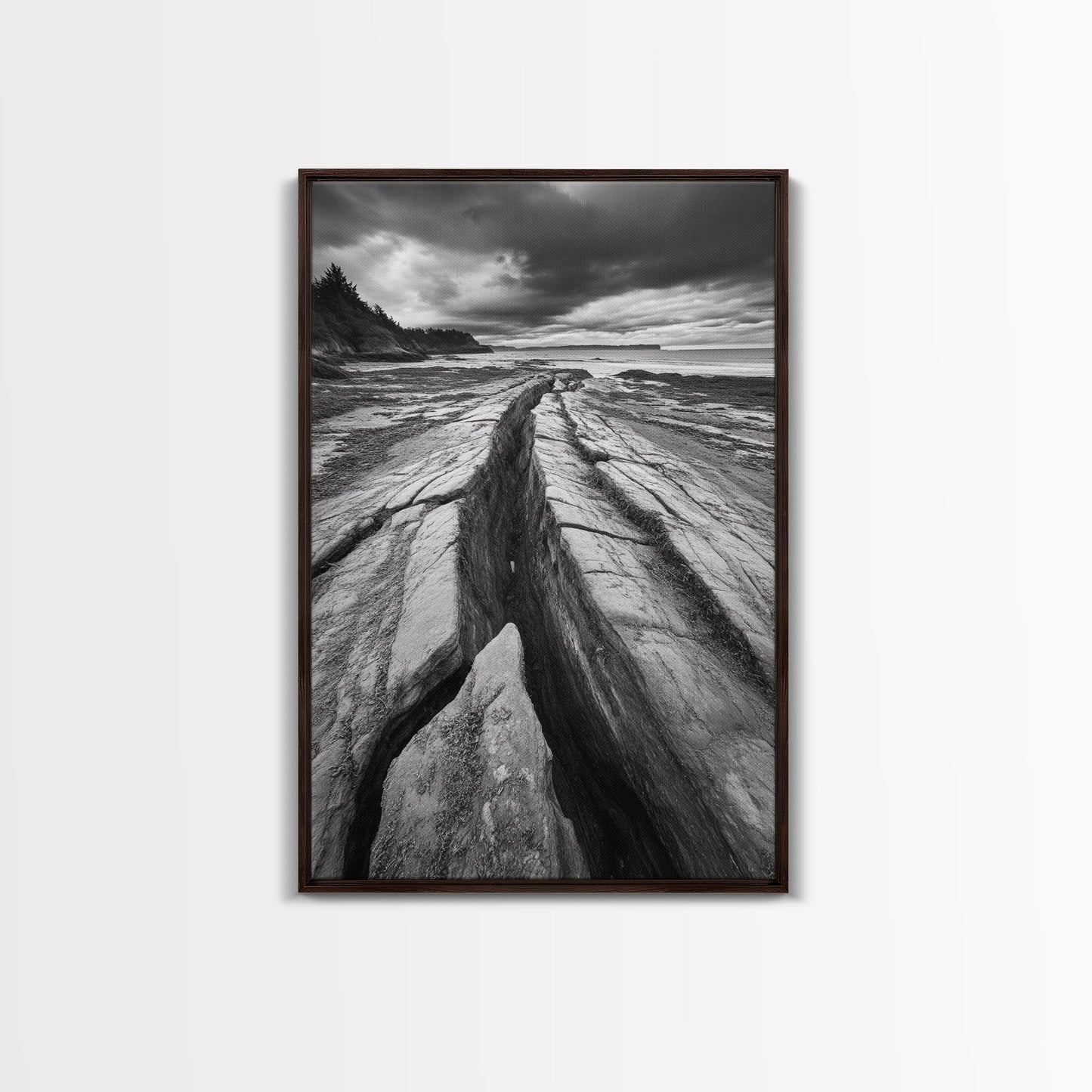 Coastal Rock Divide, Nature Pathway, Moody Beach Print, Living Room Decor, Framed Canvas Print, Minimalist Earthy Wall Art, Den Decor