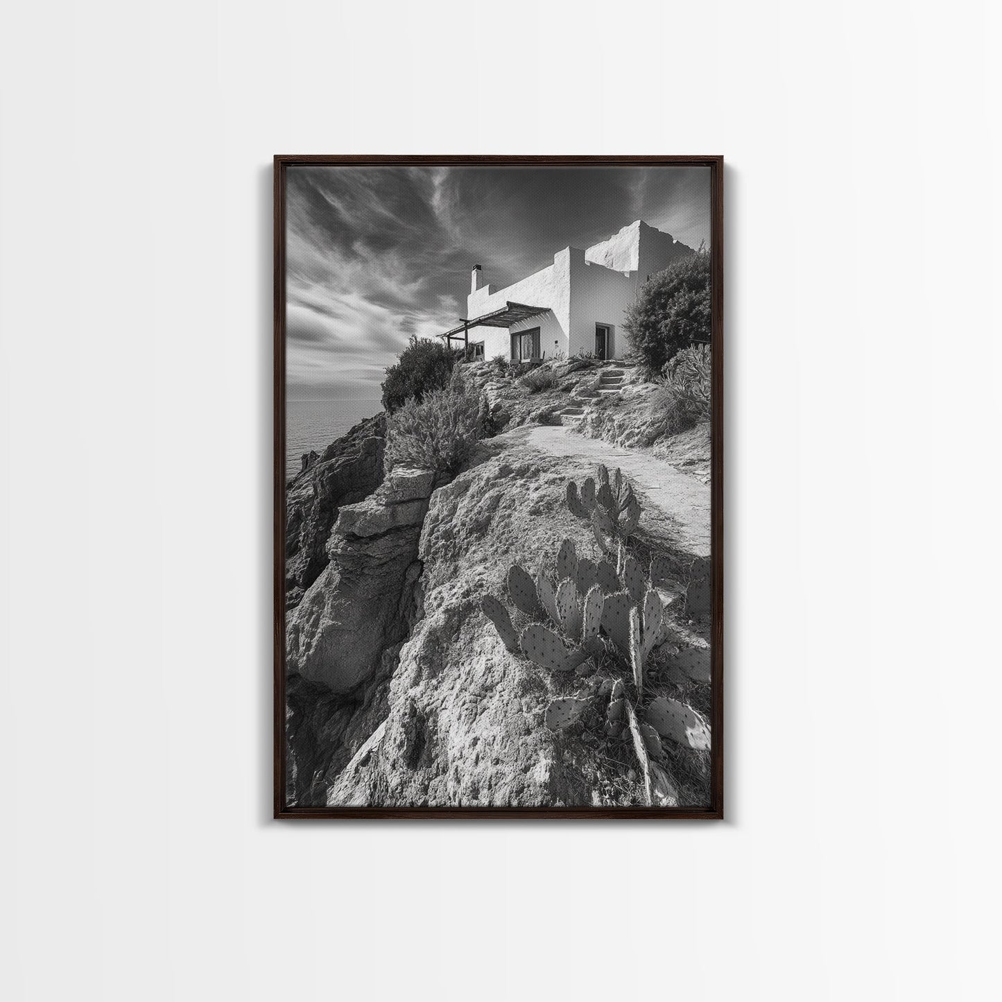 Cliffside Villa, Mediterranean Home, Desert Garden, Rustic Landscape Print, Framed Canvas Print, Modern Boho Living Room Art