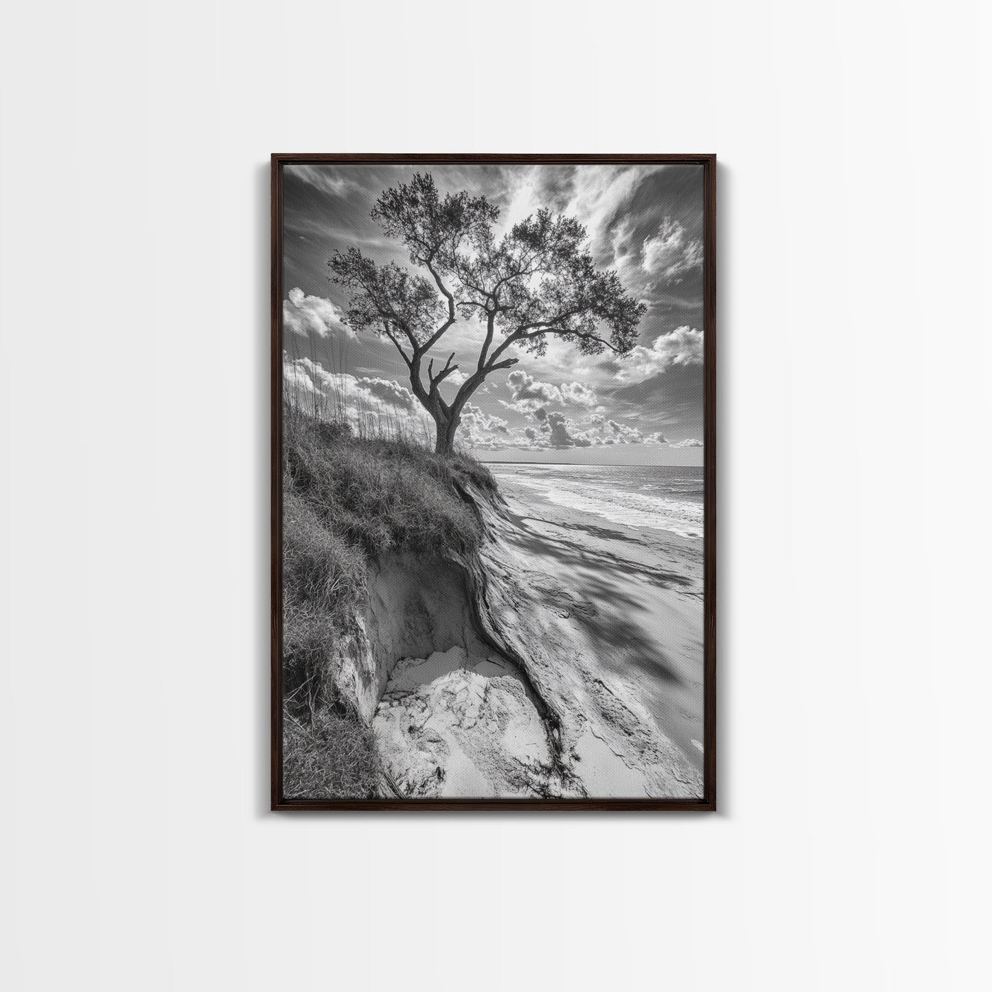 Coastal Tree Scene, Wind Swept Dune, Ocean Beach Horizon, Autumn Coastal Wall Art, Framed Canvas Print, Nature Lover Home Decor