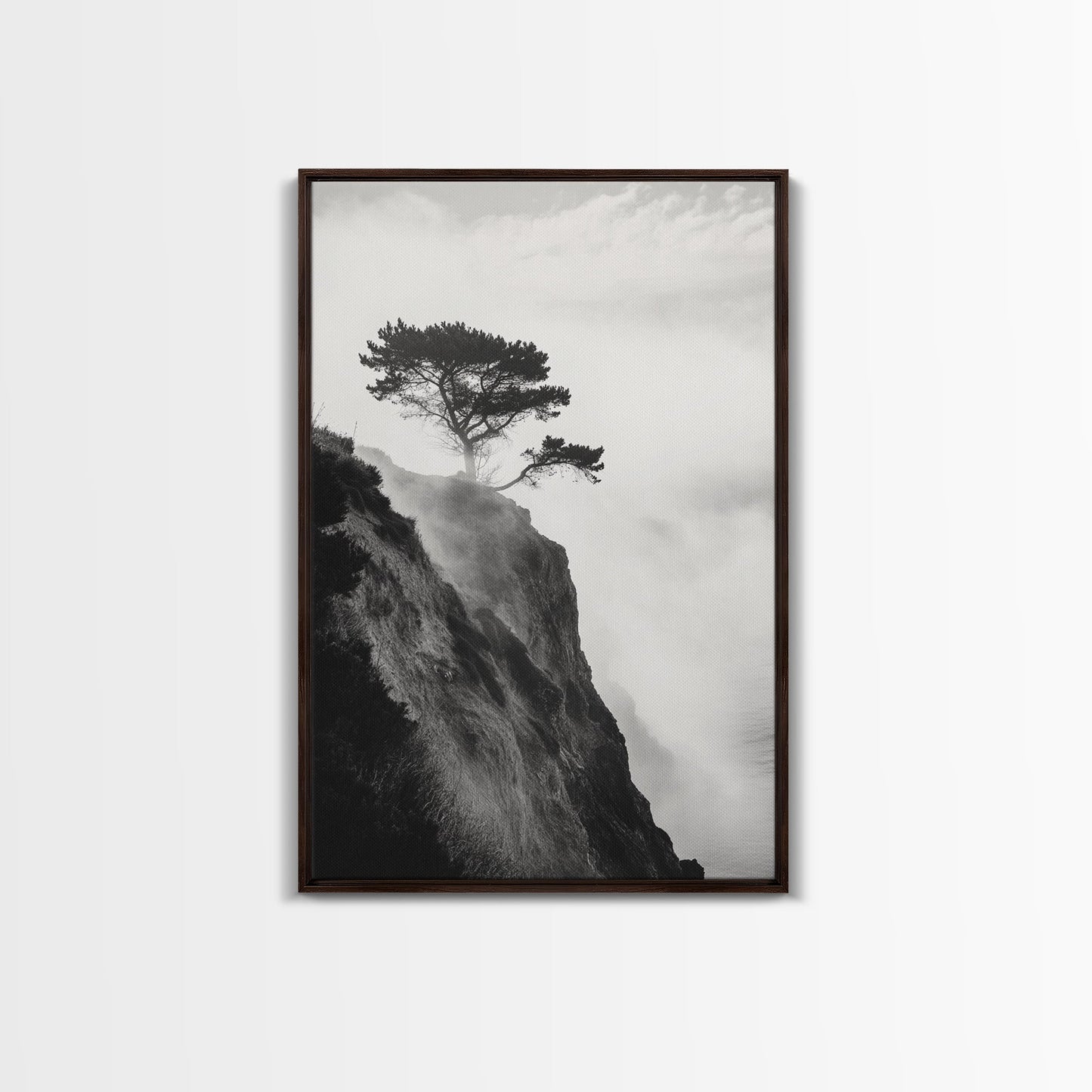 Lone Cliff Tree, Foggy Landscape, Nature Wall Decor, Framed Canvas Print, Minimalist Tree Art, Tranquil Living Room Wall Art