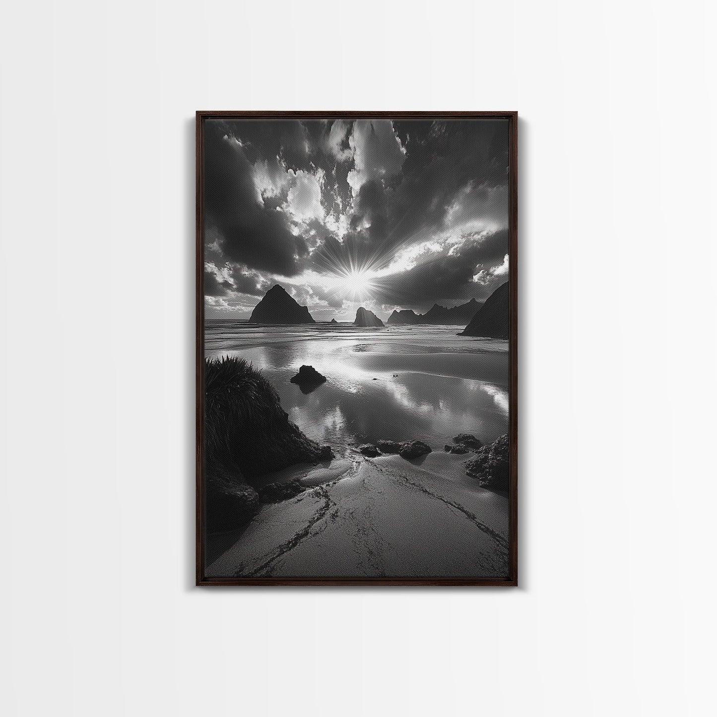 Dramatic Ocean Sunset, Coastal Mountains, Seascape Photography, Canvas Print, Stormy Sky Art, Living Room Focal Wall Decor