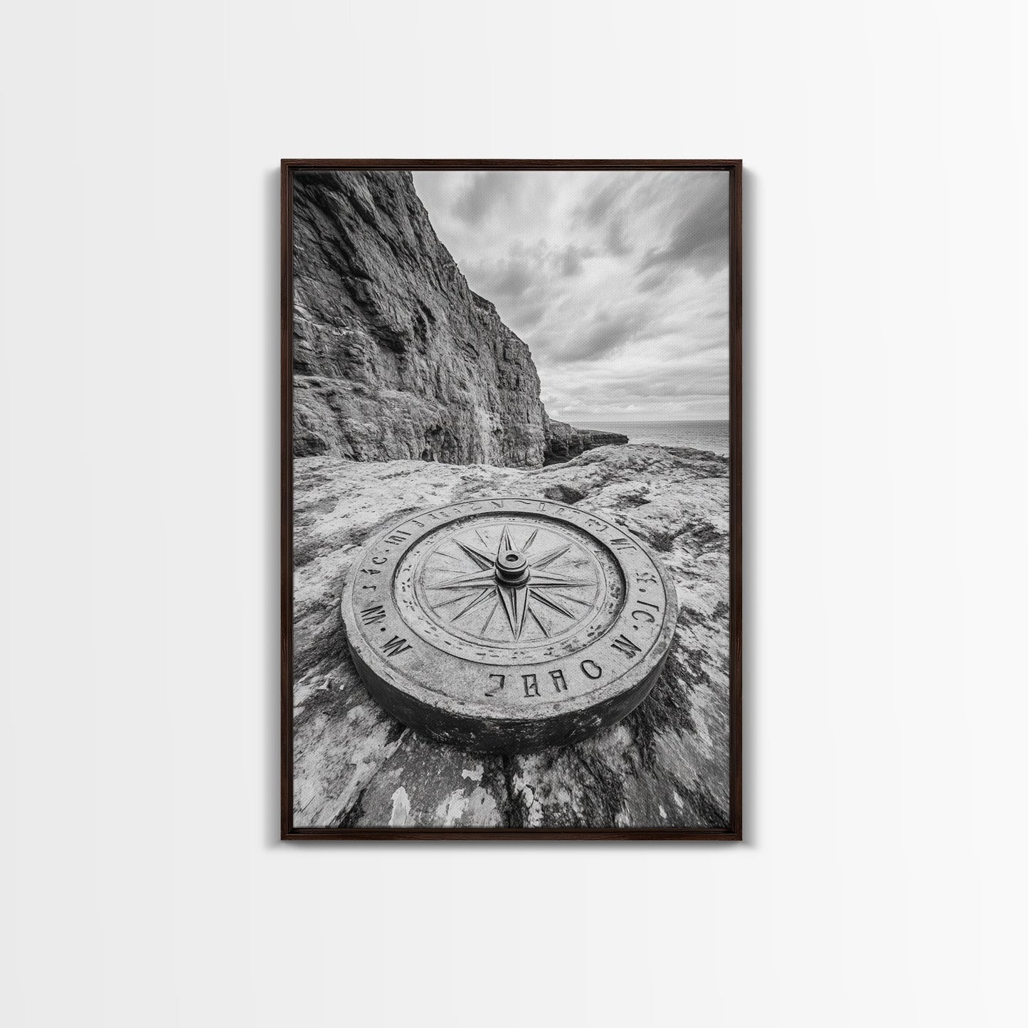 Compass On Cliff, Adventure Travel Art, Nautical Wall Decor, Framed Canvas Print, Rustic Office Art, Nature Explorer Gift Idea