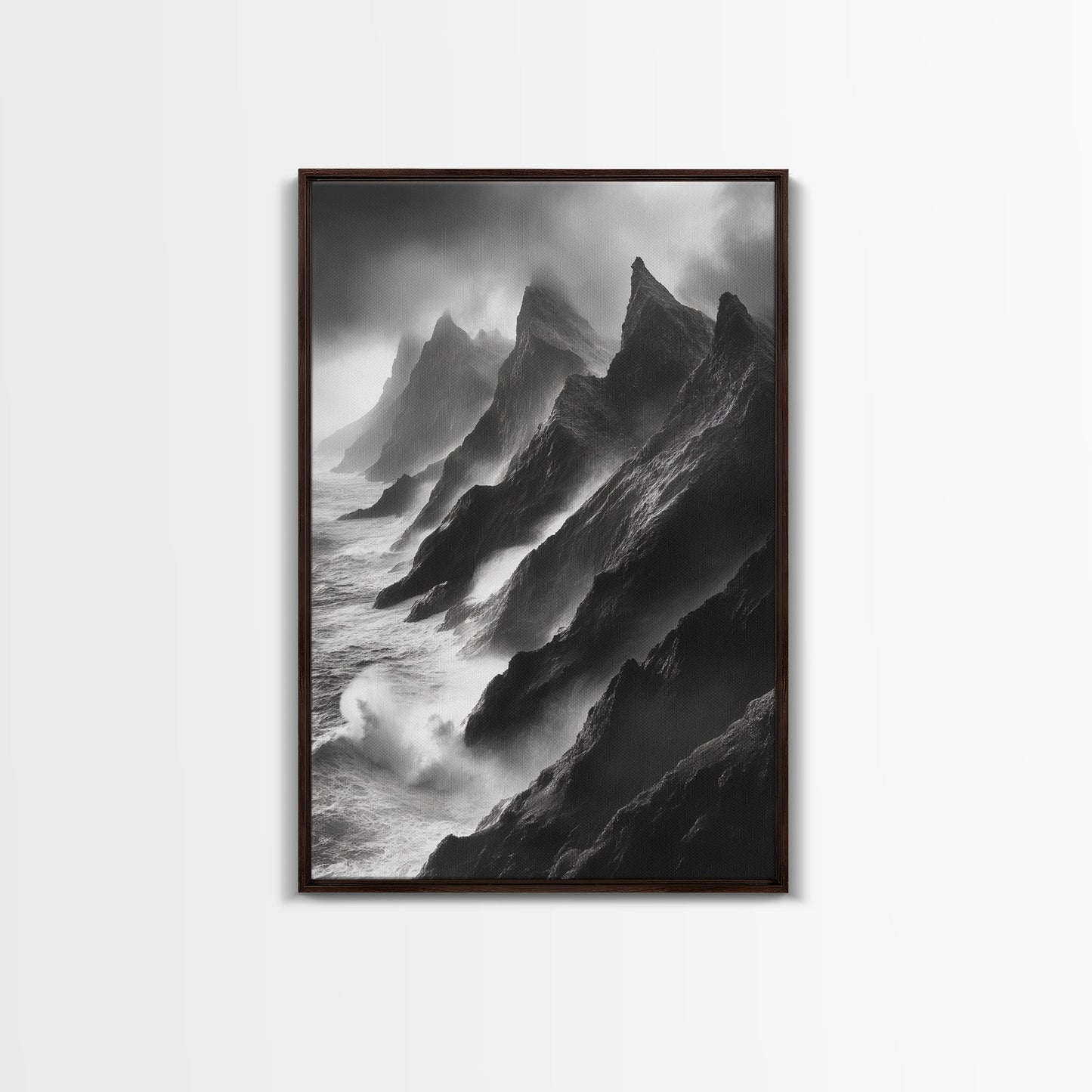 Jagged Cliff Coast, Stormy Ocean Scene, Dramatic Nature Art, Black White Photography, Framed Canvas Print, Office Wall Art, Coastal Decor