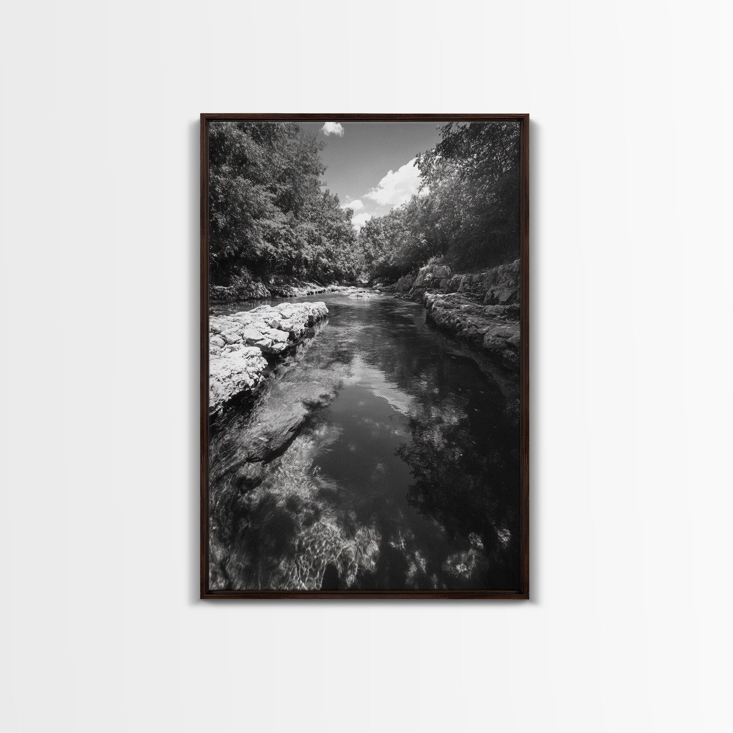River Reflection, Nature Calm, Forest Stream, Canvas Print, Black and White Landscape Wall Art, Rustic Bathroom Decor, Tranquil Home Vibe