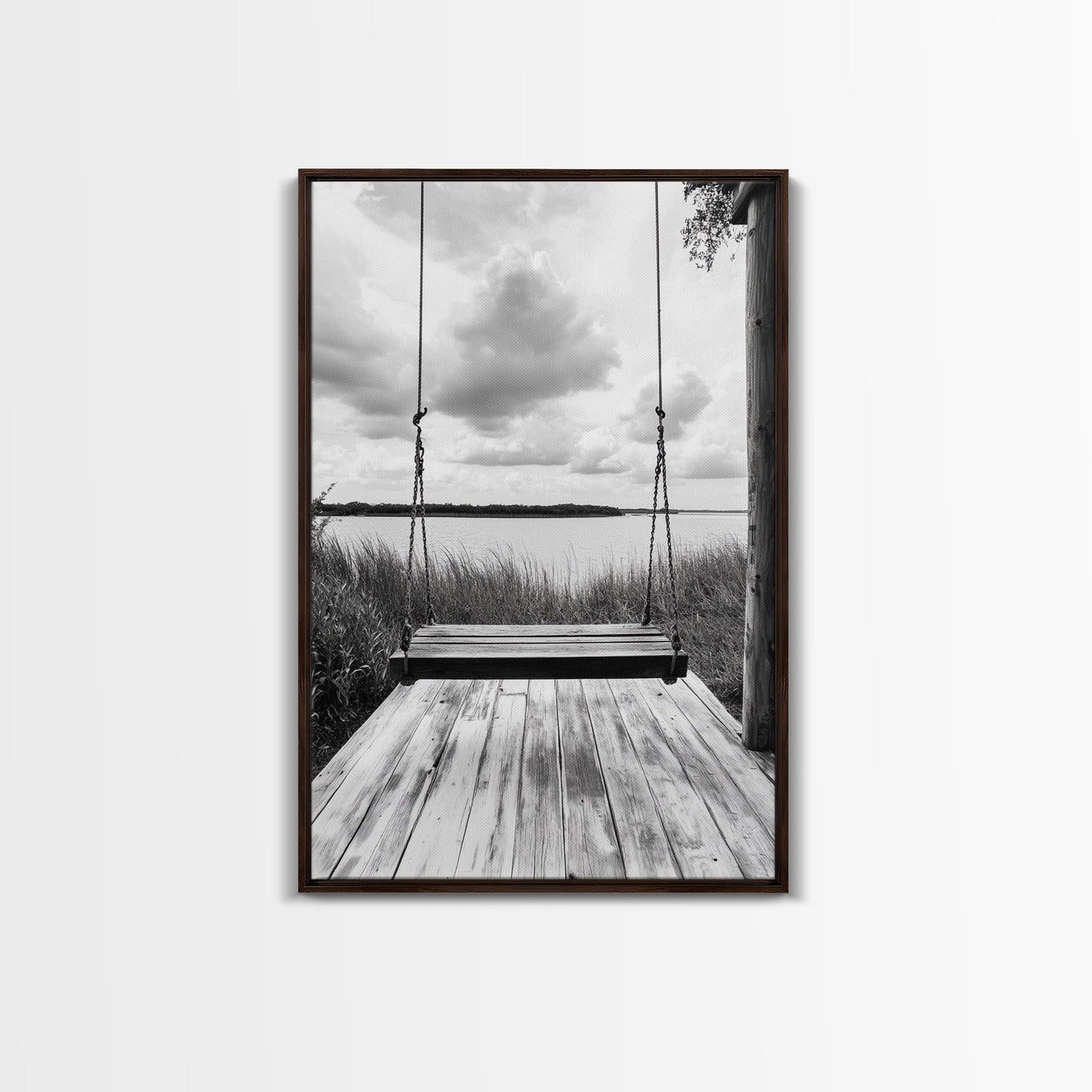 Lake Swing, Cloudy Sky, Calm View, Framed Canvas Print, Farmhouse Wall Art, Serene Kitchen Decor, Rustic Black and White Photography