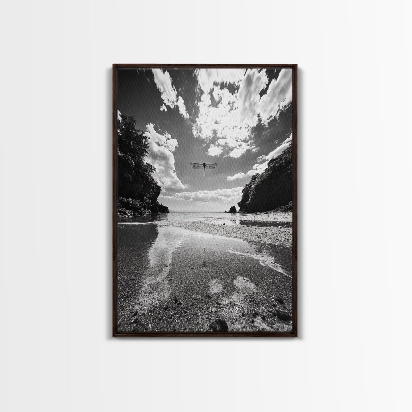 Dragonfly Flight, Beach View, Nature Dream, Framed Canvas Print, Whimsical Wall Art, Surreal Living Room Decor, Black and White Nature Style