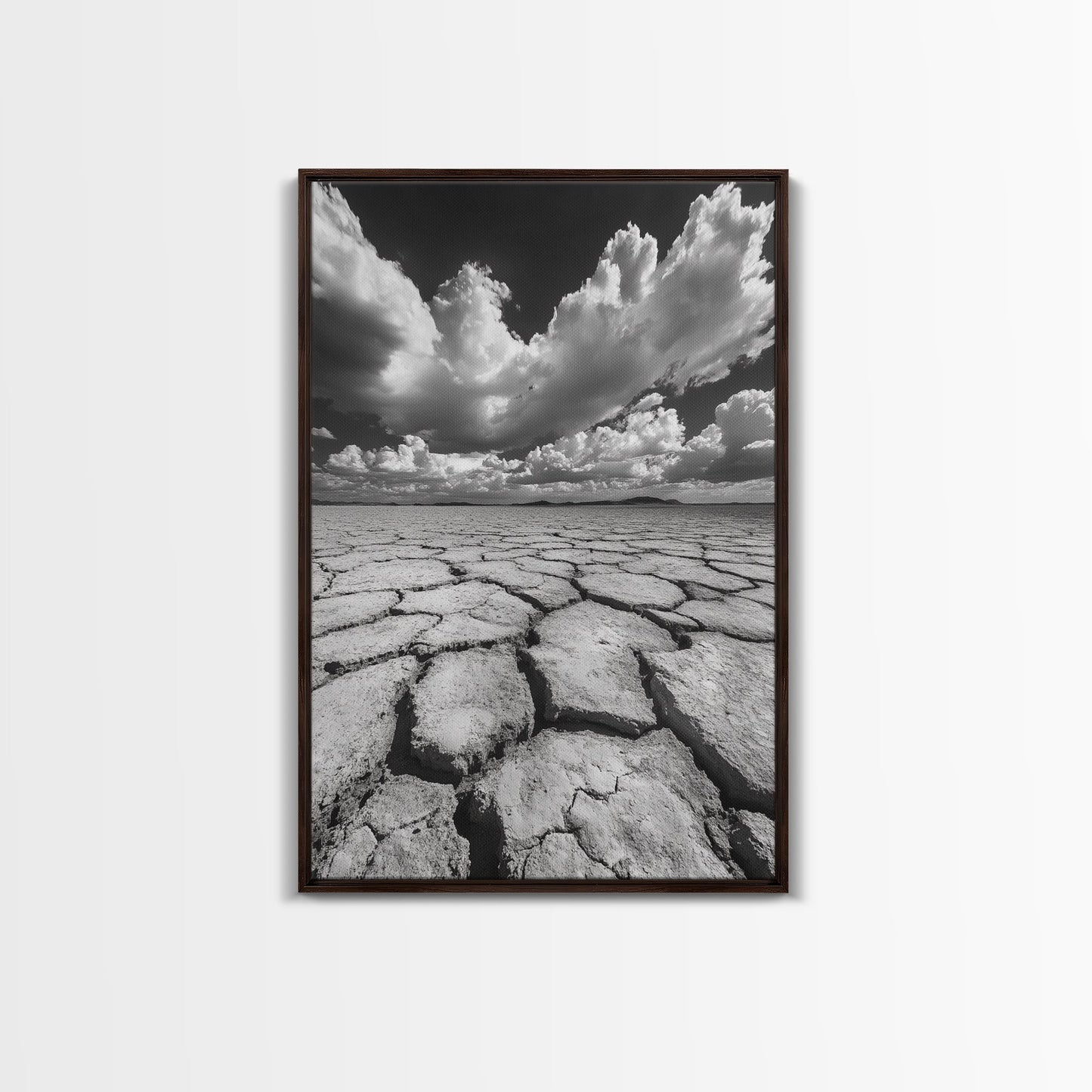 Cracked Earth, Storm Sky, Desert View, Framed Canvas Print, Dramatic Landscape Art, Modern Living Room Decor, Moody Minimalist Wall Art