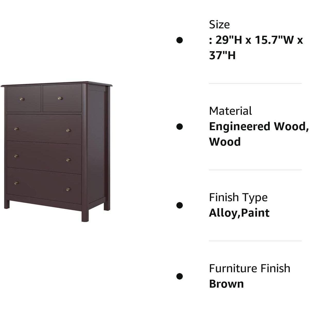 Dark Brown Modern 5 Drawer Chest of Drawers for Bedroom