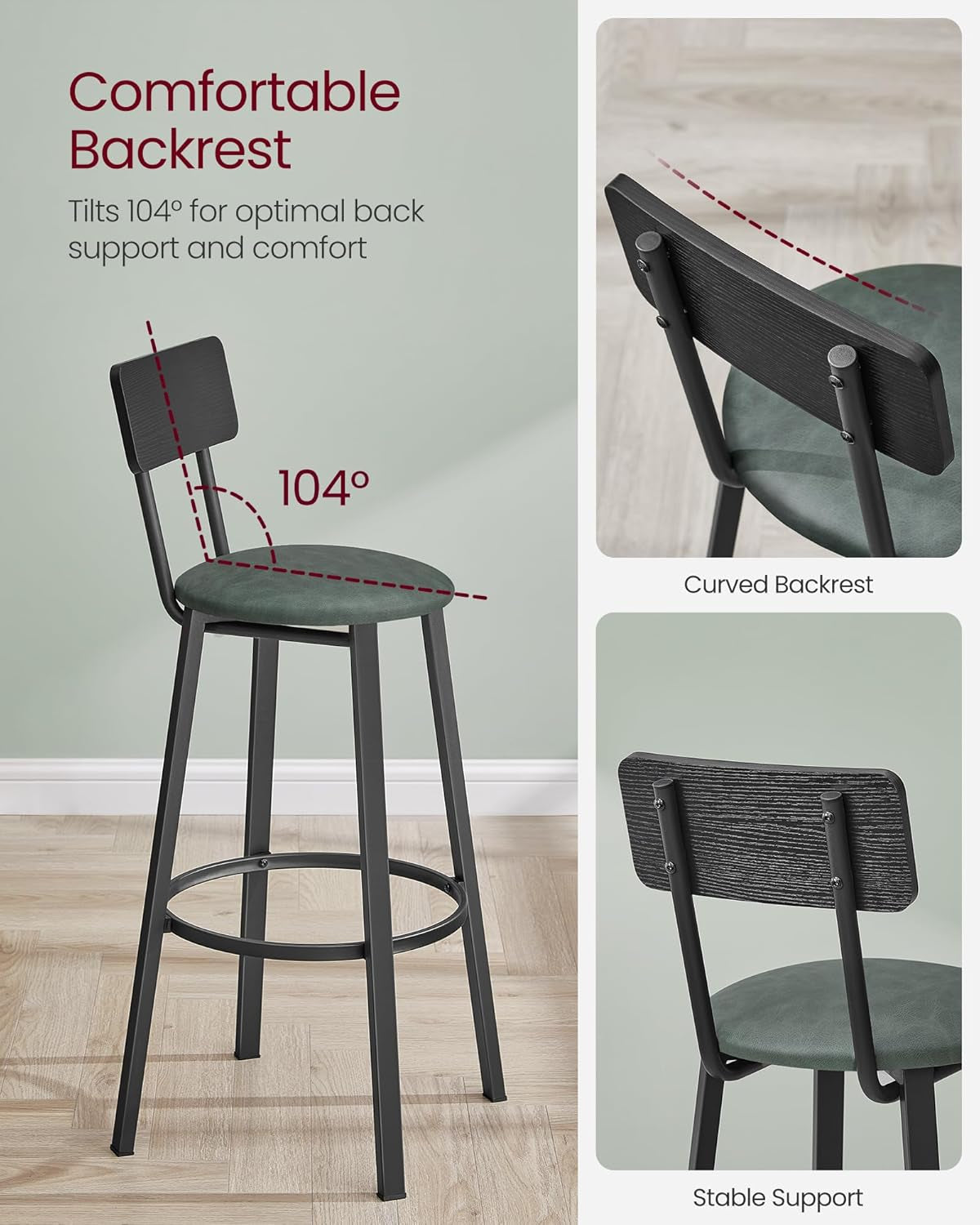 29.7 Inch PU Bar Stools Set Of 2 With Backrest And Footrest
