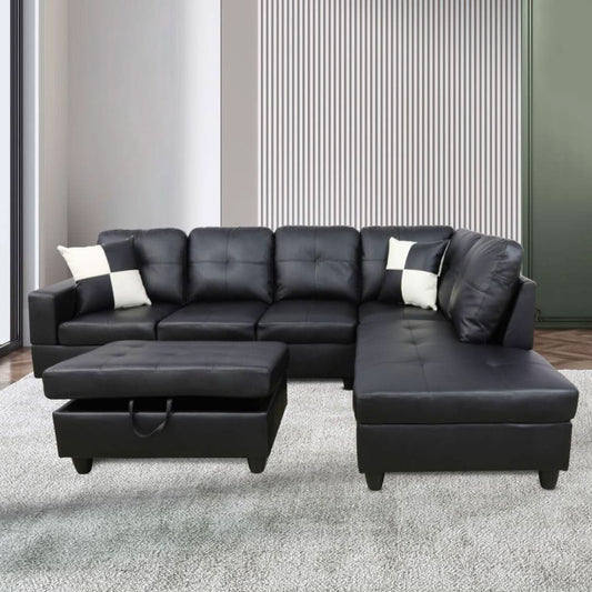 Black L Shaped 3 Piece Faux Leather Sofa Set With Storage Ottoman