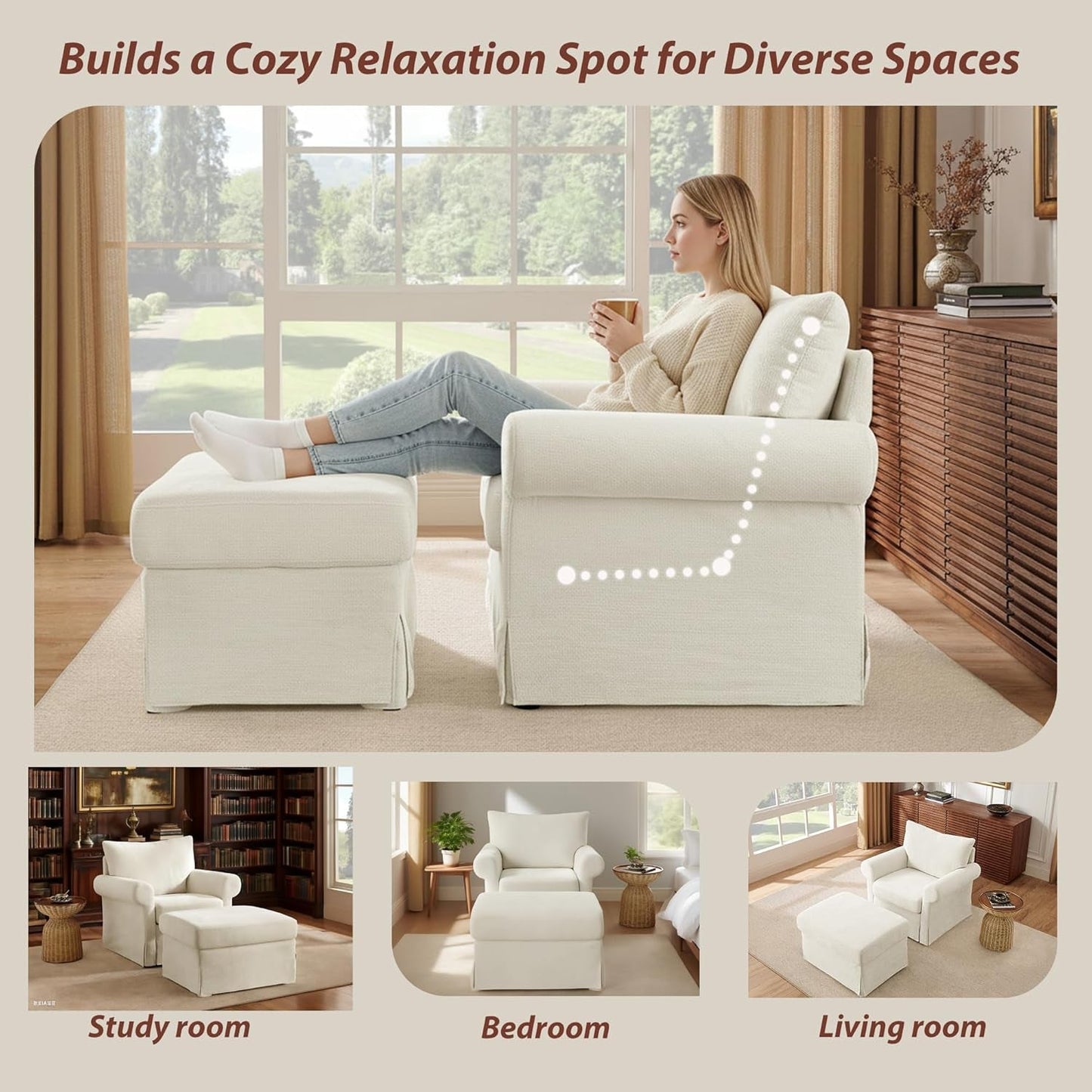 Beige Chenille Contemporary Ottoman Reading Chair Set