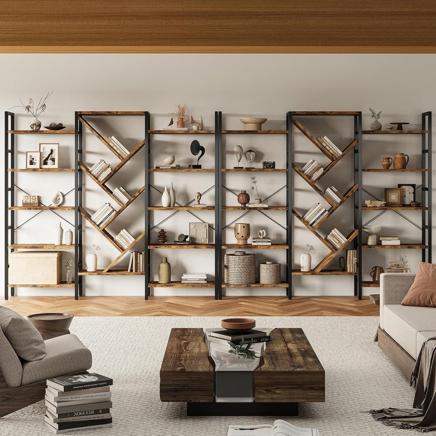 Rustic Brown 5 Tier Wooden Bookcase With Metal Frame