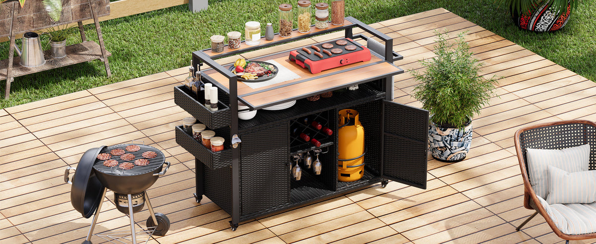 K&K 52.8"W Wicker Outdoor Grill Cart