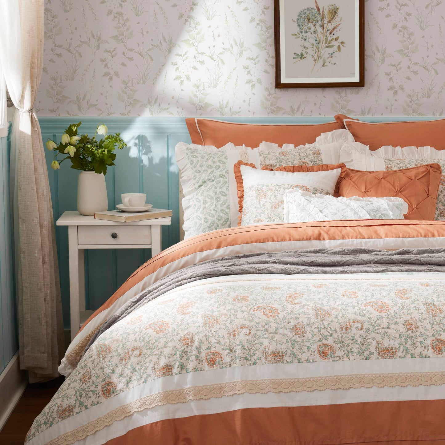 9 Piece Cotton Percale Comforter Set Coral King