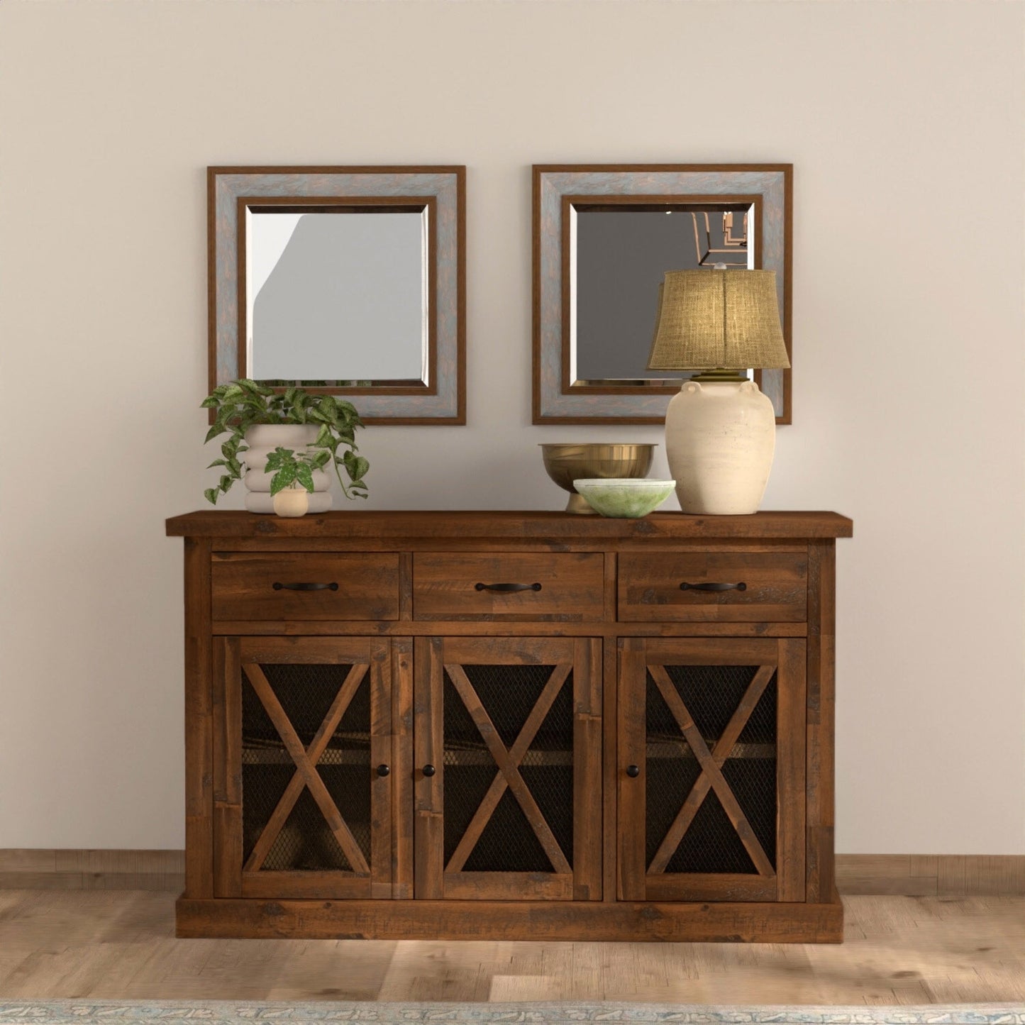 Newberry Sideboard in medium brown finish with mirrors and lamp, ideal for dining room decor.