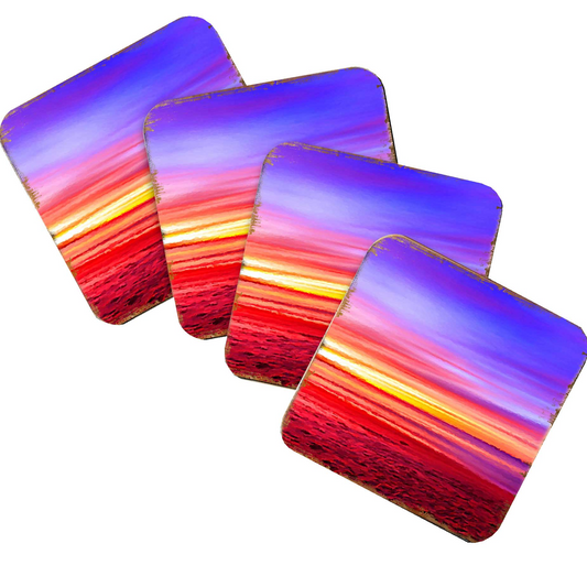 Sunset Coastal Wooden Cork Coasters Gift Set of 4 by Nature Wonders - Coastal Sea-Life Decor - 95360C-S4
