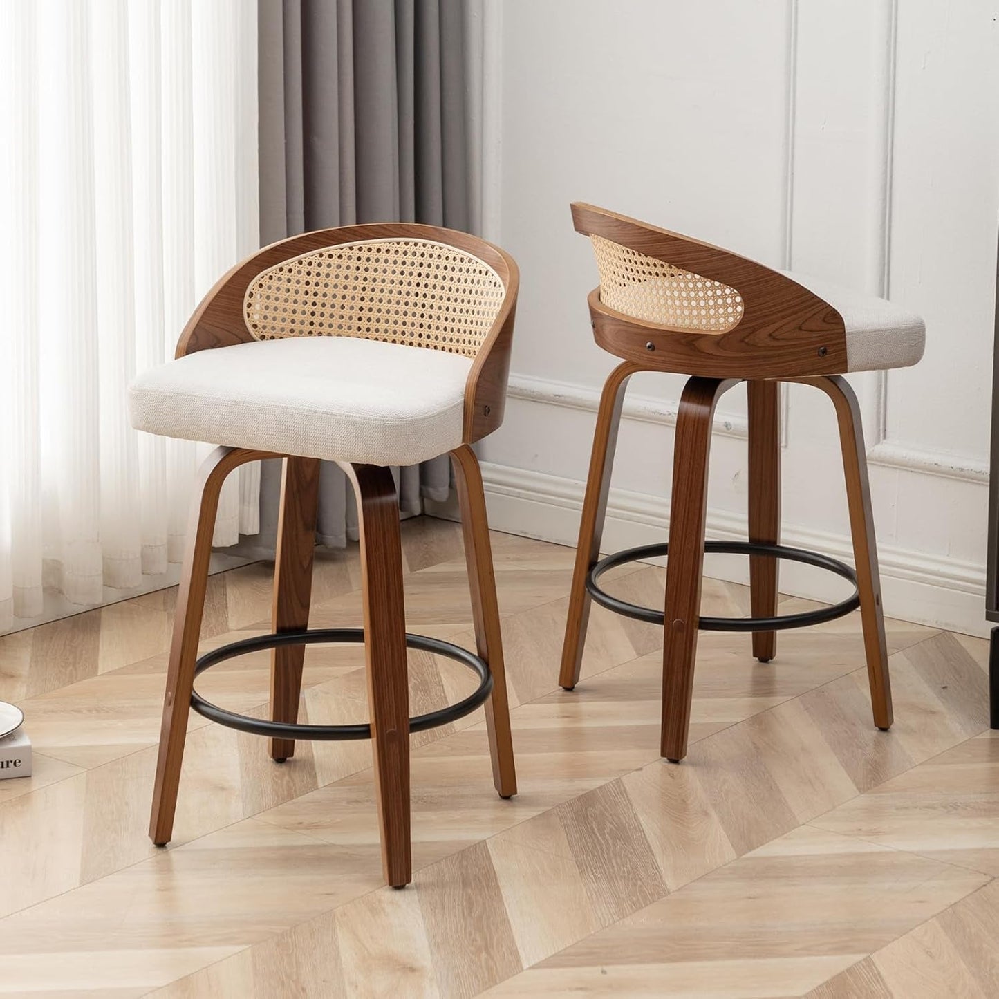 Mid-Century Modern Swivel Rattan Bar Stools Set