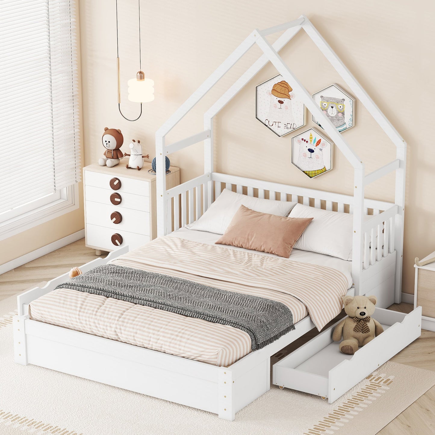 Wood Queen Size House Platform Bed with Guardrail and 2 Drawers
