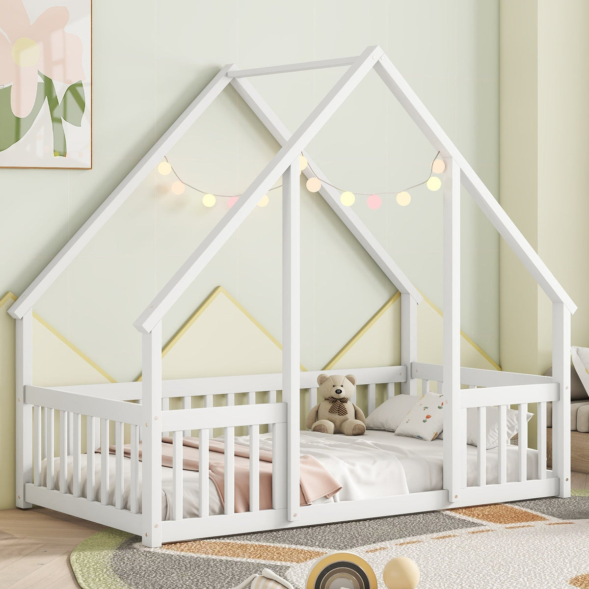 Twin Wood House-Shaped Floor Bed with Fence, Guardrails