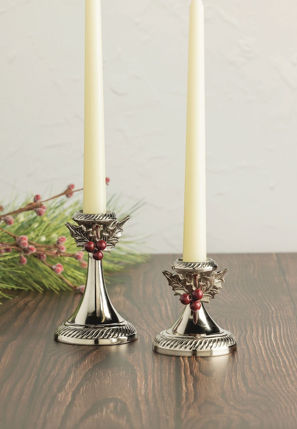 Holly Leaf & Berry Metal Candlesticks | 2 Sizes