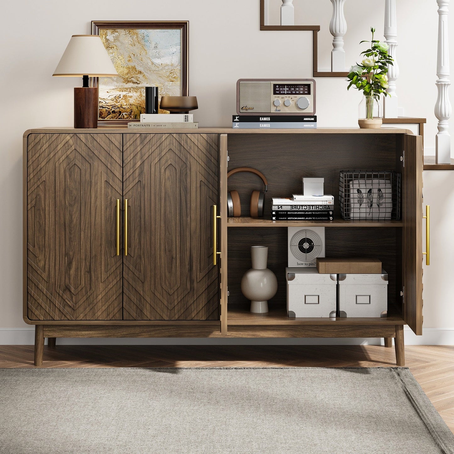 Modern Carved 4-Door Sideboard Buffet Cabinet with Storage, Adjustable Layer Board, Walnut Finish