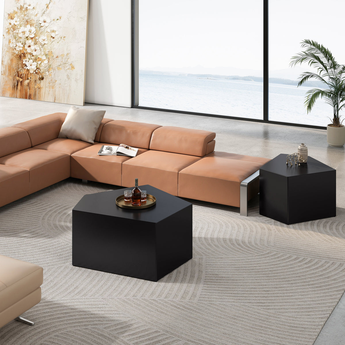 Irregular Pentagon Nesting Coffee Table Set - Black, Set of 2
