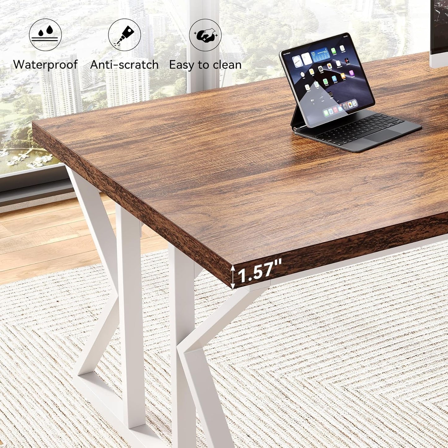 78.7 Inch Rustic Executive Desk For Home Office Brown-White