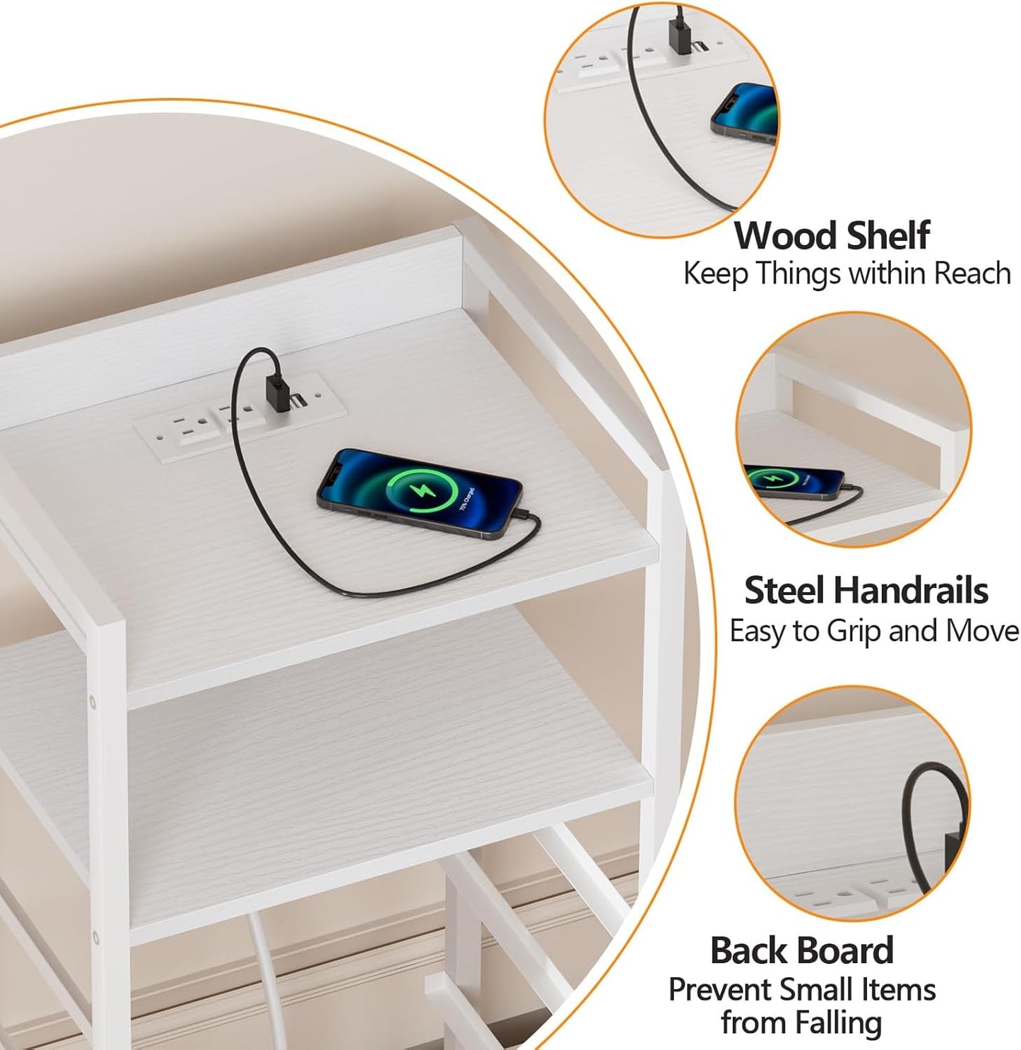 White Nightstand With Charging Station And RGB LED Lighting
