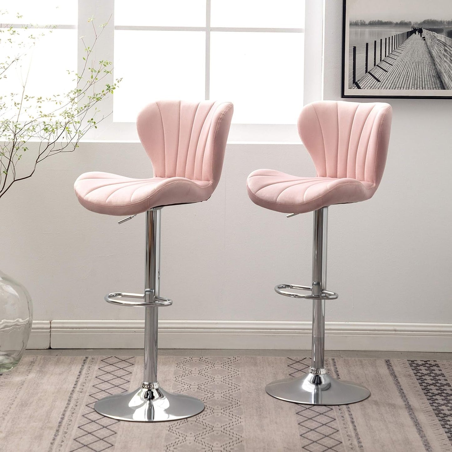 Pink Velvet Adjustable Swivel Barstools Set Of Two
