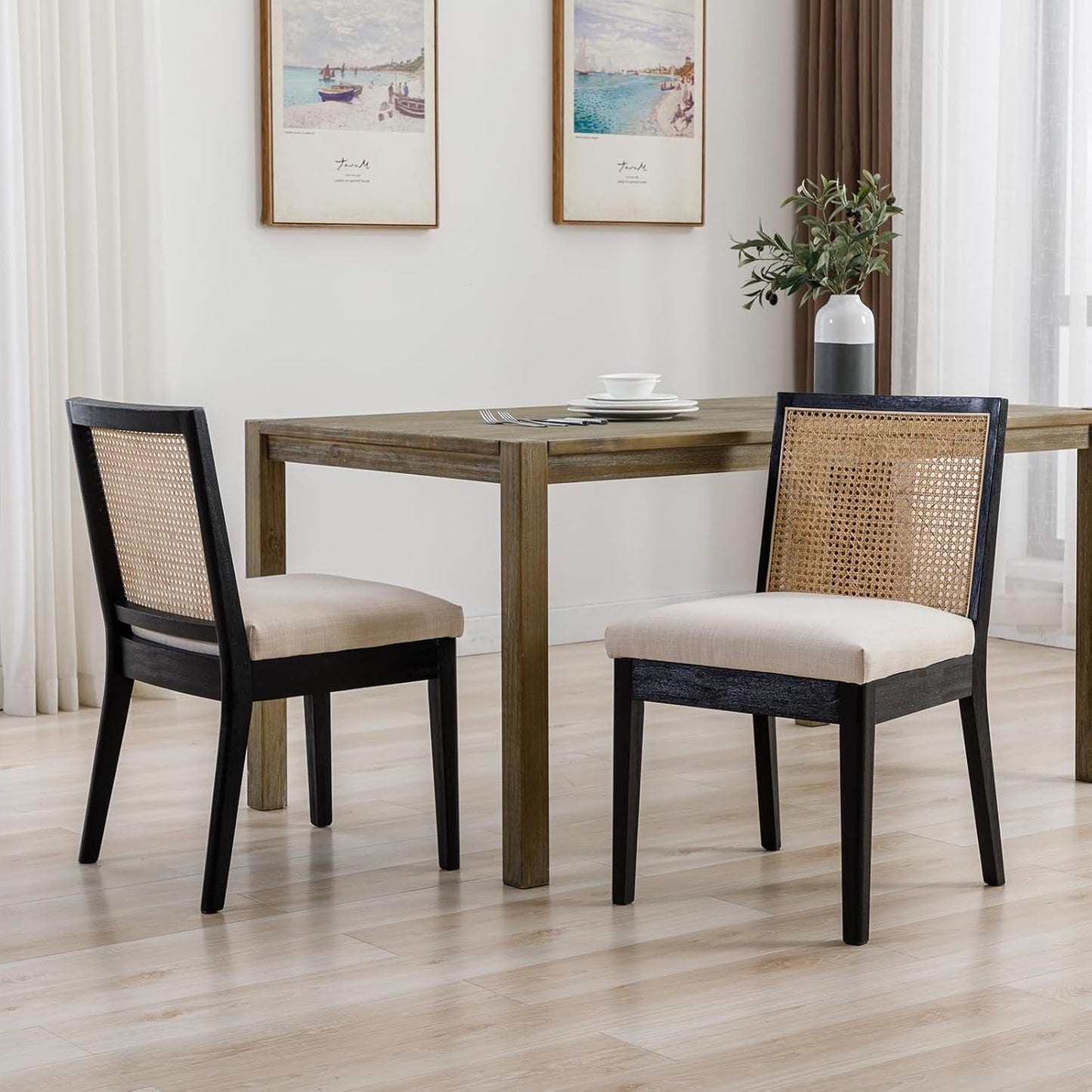 Rattan Dining Chairs Set Of Six Two Tone Black Cream Finish