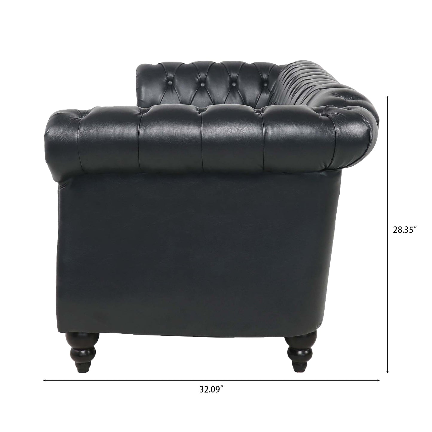 84.65" BLACK PU Rolled Arm Chesterfield Three Seater Sofa