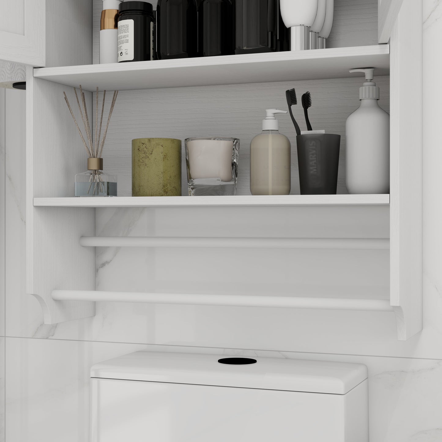 Bathroom Wall Cabinet with Doors, Adjustable Shelf, Towel Bar and Paper Holder