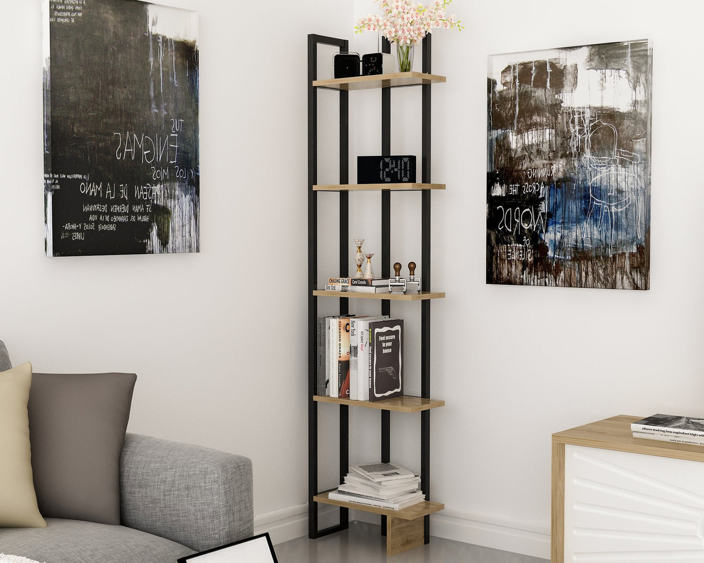 Alice 71" Tall Metal Manufactured Wood Bookcase | Corner Bookcase