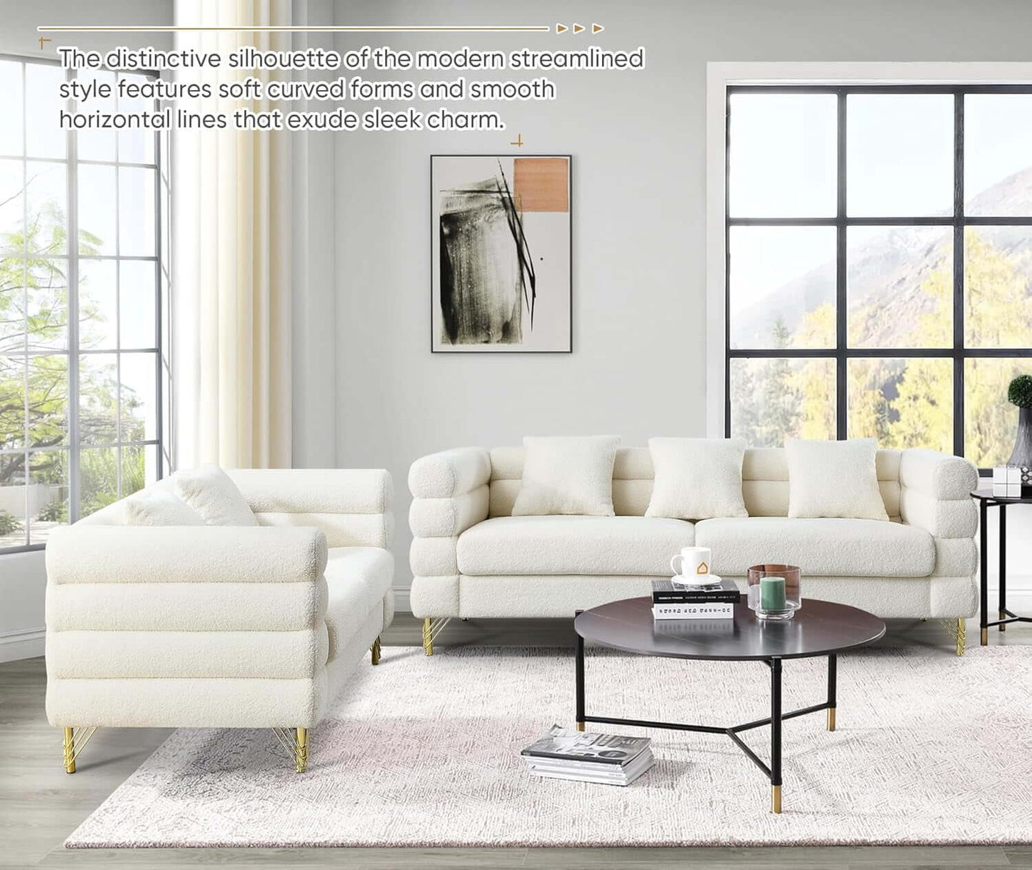 Two Piece Living Room Sofa Set White Teddy Boucle featuring a stylish loveseat and three-seater with gold legs.