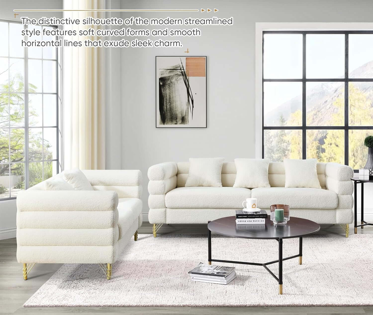 Two Piece Living Room Sofa Set White Teddy Boucle featuring a stylish loveseat and three-seater with gold legs.