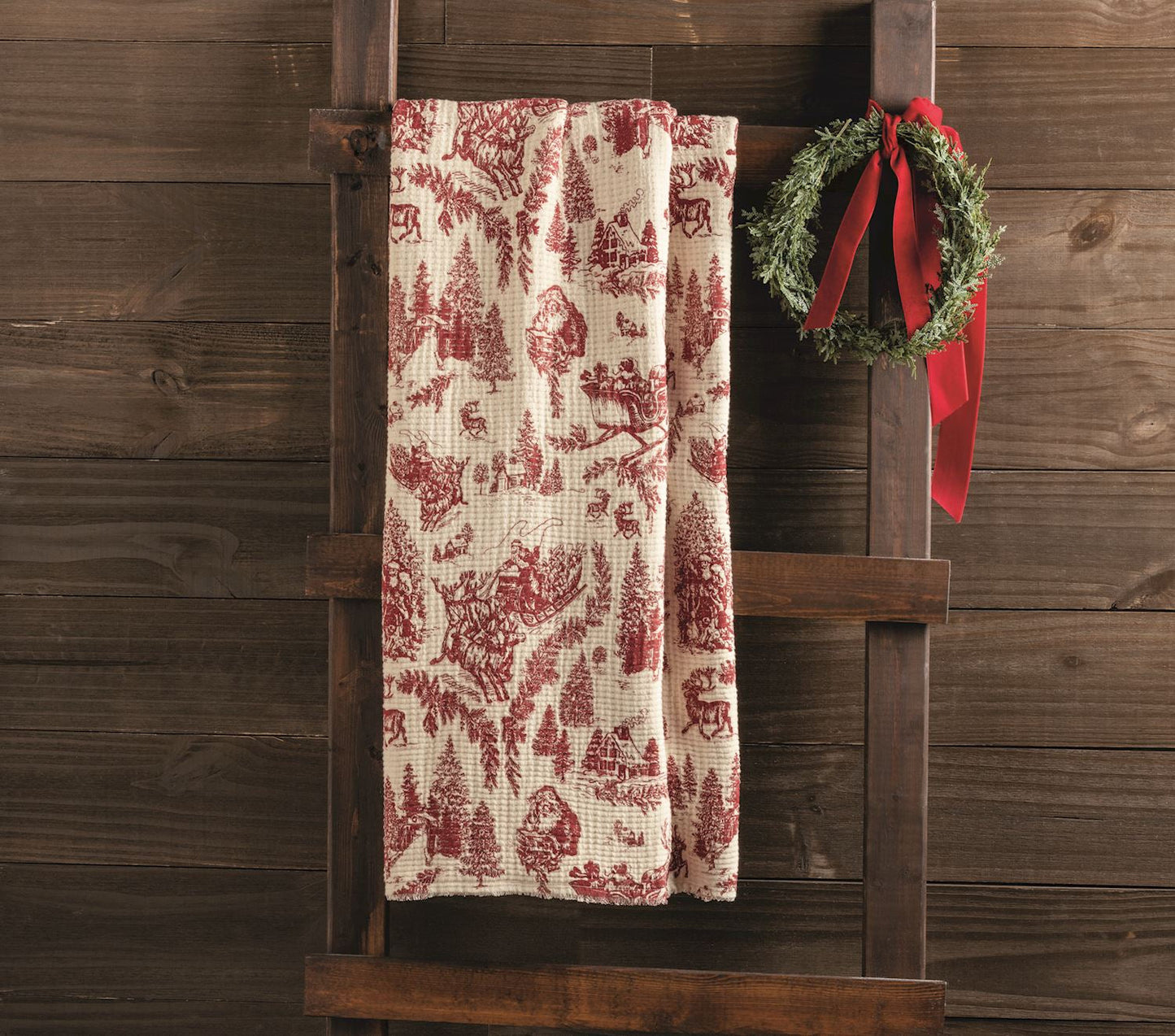 Red Toile Christmas Muslin Throw Blanket