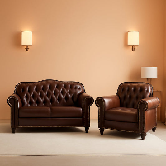 2 Piece Living Room Set Mid-Century Modern Chesterfield Chair Loveseat in Brown PU Leather Edition