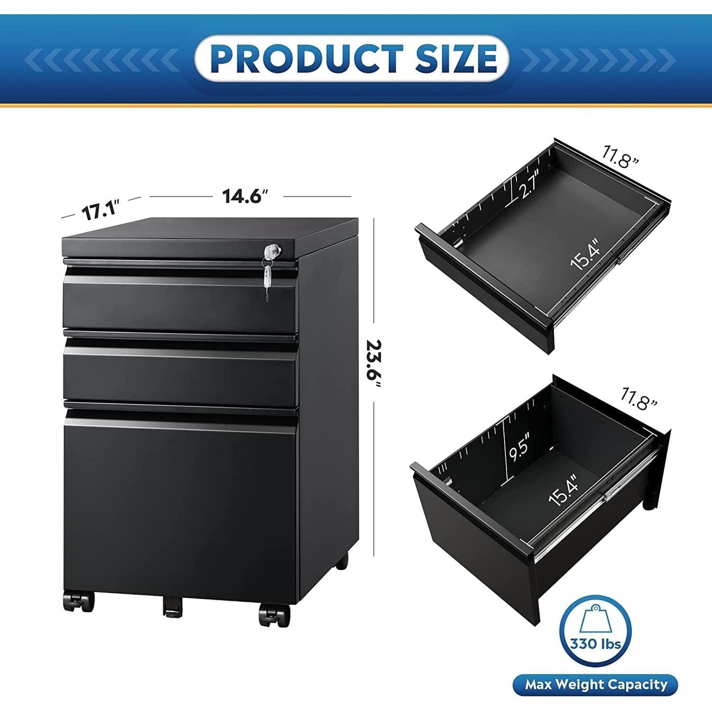 Compact Black Mobile Filing Cabinet Lockable With Drawers
