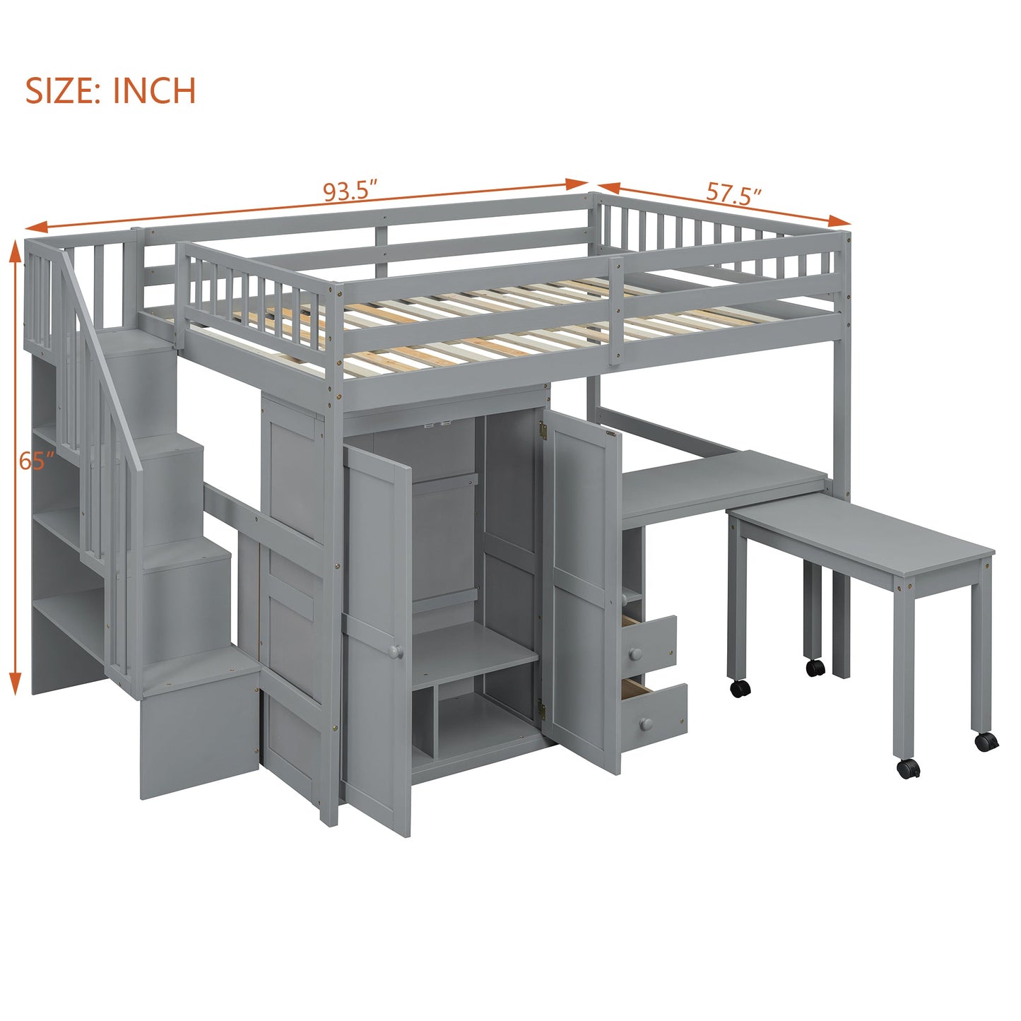 Full Size Loft Bed with Stairs, Bookshelf, Drawers, Desk & Wardrobe – Space-Saving Multifunctional Furniture for Kids & Teens-Gray