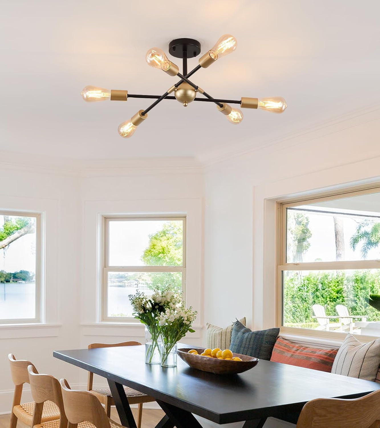 Black And Gold 6 Light Sputnik Ceiling Chandelier Semi Flush Mount UL Listed in modern dining room setting.