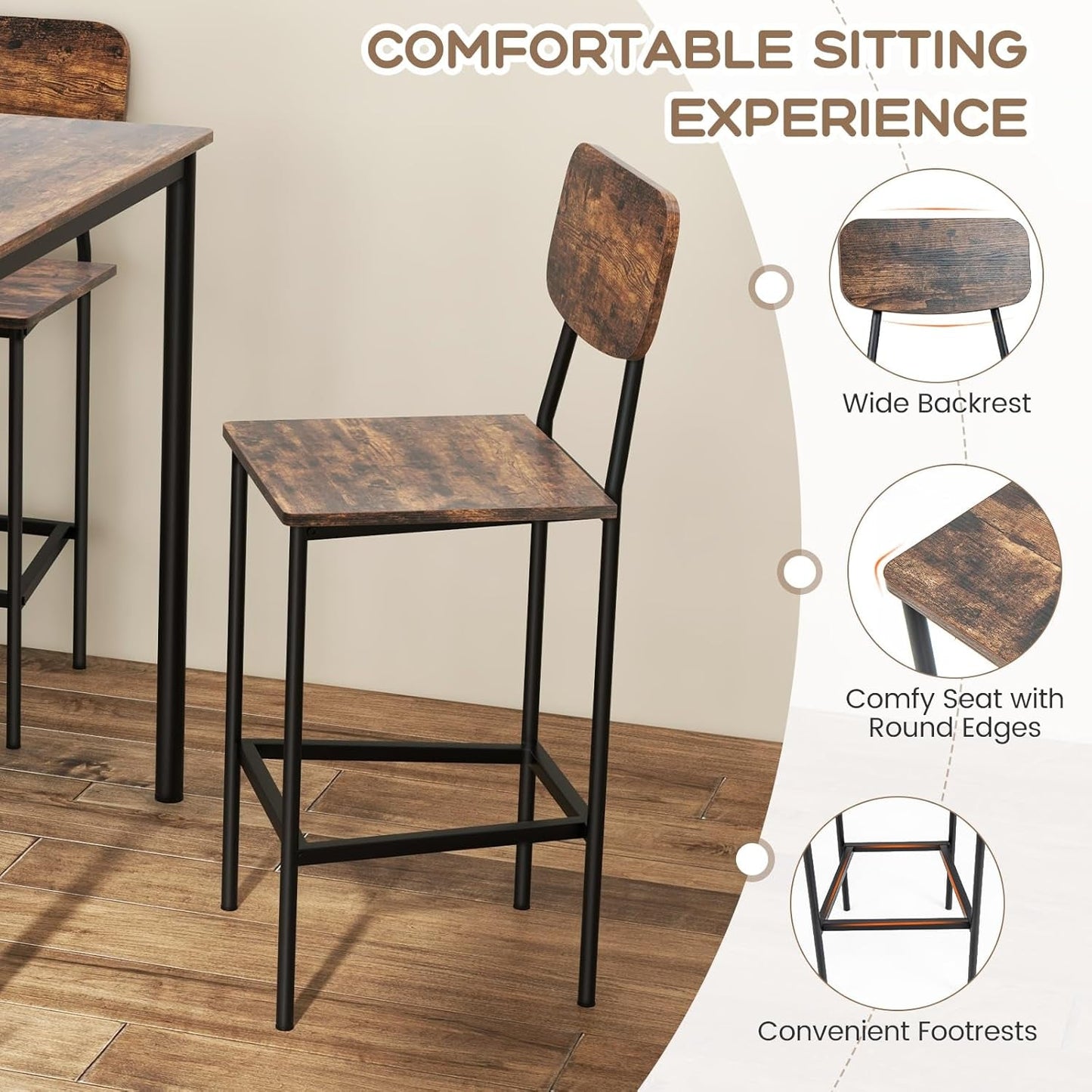 Counter Height Industrial Dining Table Set 36x36 Bar Stools